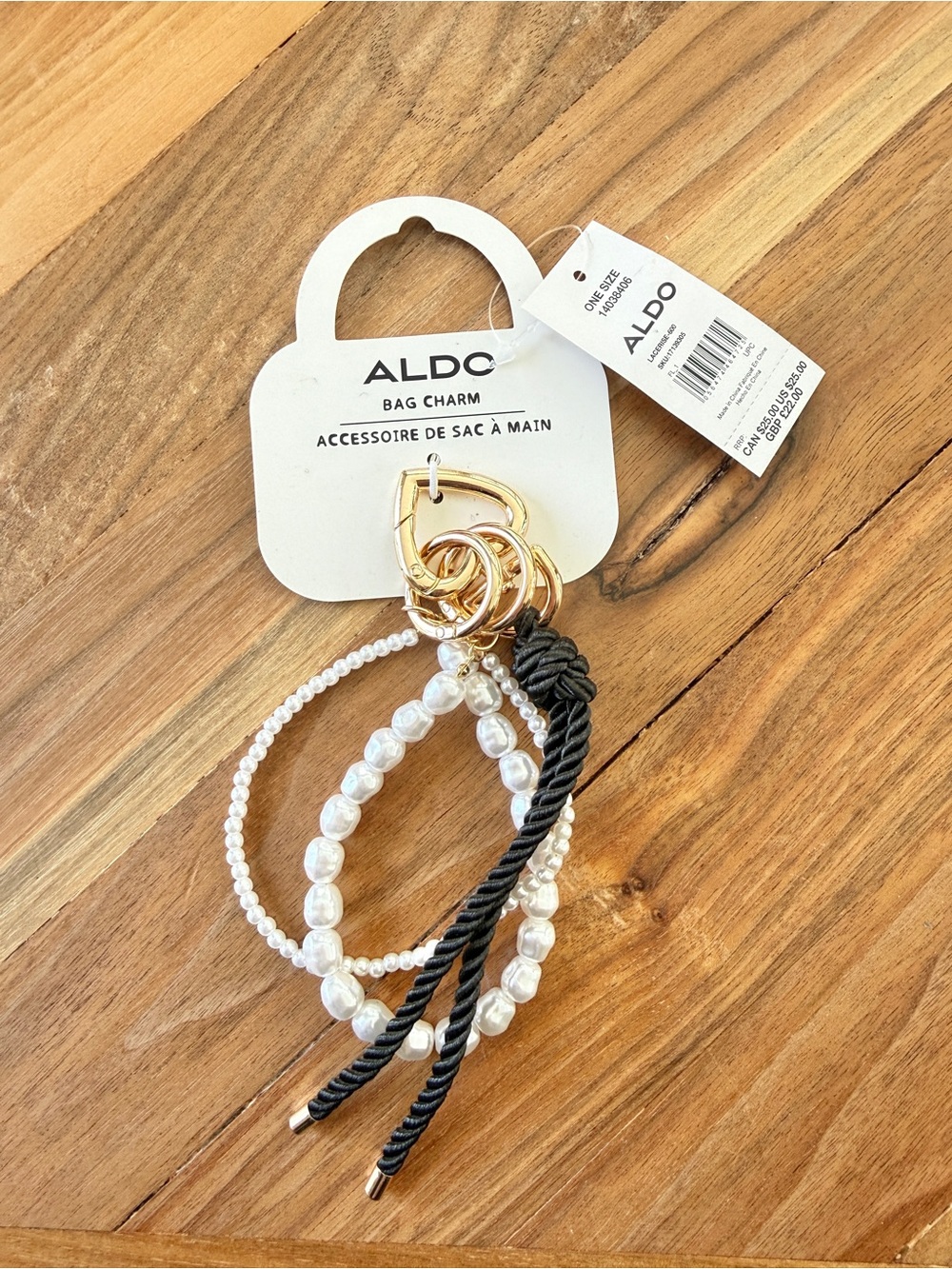 ALDO Pearl Beaded Bag Charm Keychain Gold Tone Black Bow NWT Gift